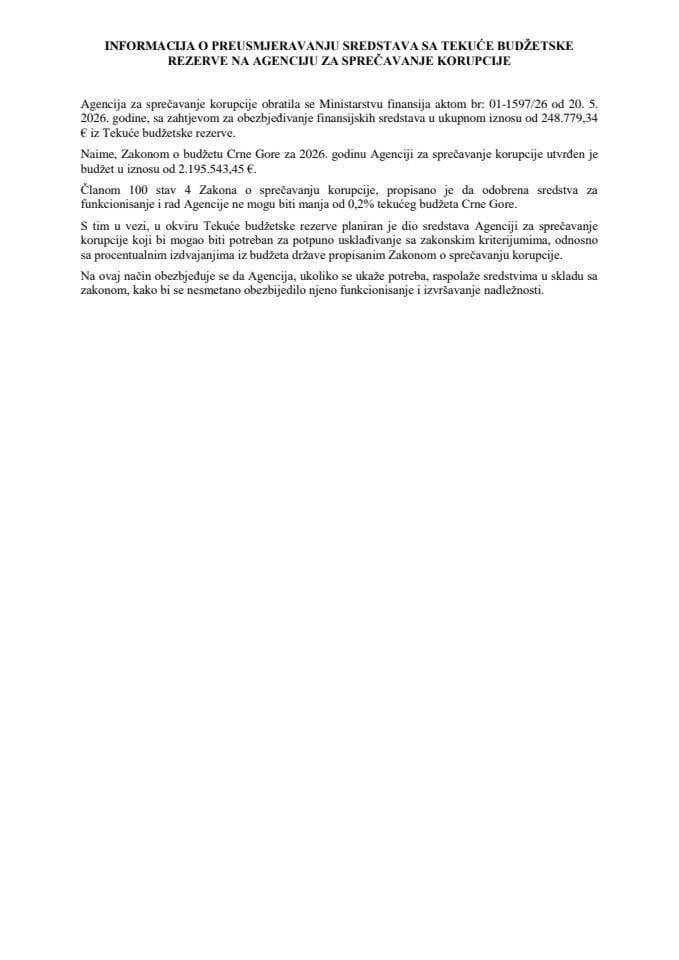 Predlog za preusmjeravanje sredstava sa Tekuće budžetske rezerve na Agenciju za sprečavanje korupcije