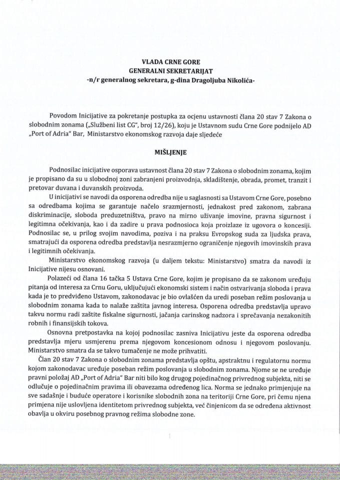 Predlog mišljenja na Inicijativu za pokretanje postupka za ocjenu ustavnosti odredbe člana 20 stav 7 Zakona o slobodnim zonama („Službeni list CG“, broj 12/26), koju je podnijelo AD „Port of Adria“ Bar