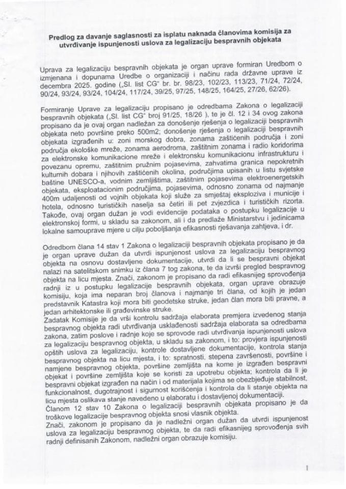Predlog za davanje saglasnosti za isplatu naknada članovima komisija za utvrđivanje ispunjenosti uslova za legalizaciju bespravnih objekata