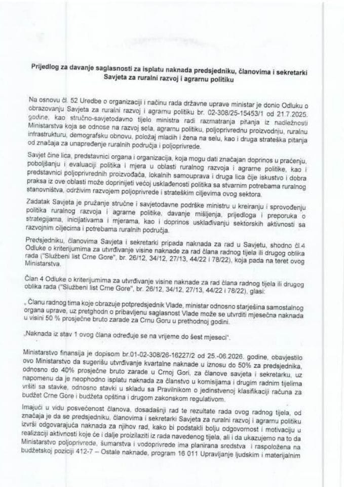 Predlog za davanje saglasnosti za isplatu naknade predsjedniku, članovima i sekretarki Savjeta za ruralni razvoj i agrarnu politiku