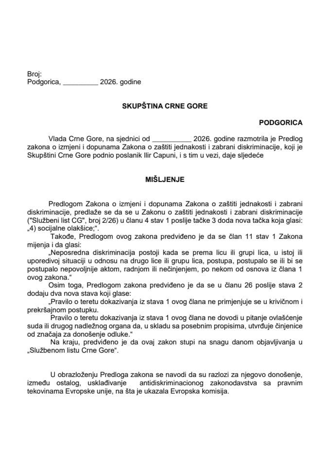 Predlog mišljenja na Predlog zakona o izmjeni i dopunama Zakona o zaštiti jednakosti i zabrani diskriminacije* (predlagač poslanik Ilir Çapuni)