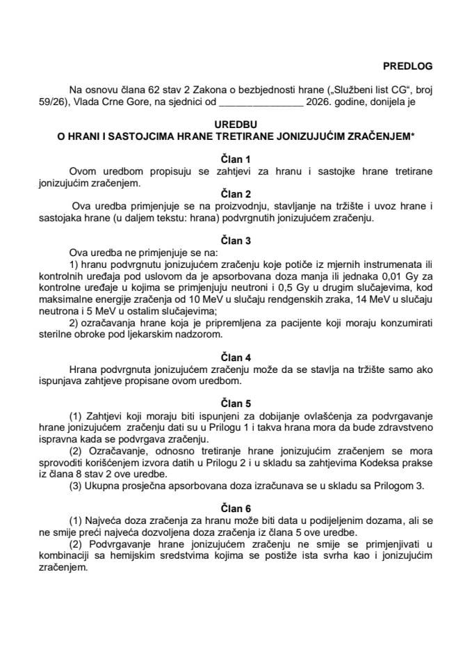 Predlog uredbe o hrani i sastojcima hrane tretirane jonizujućim zračenjem*