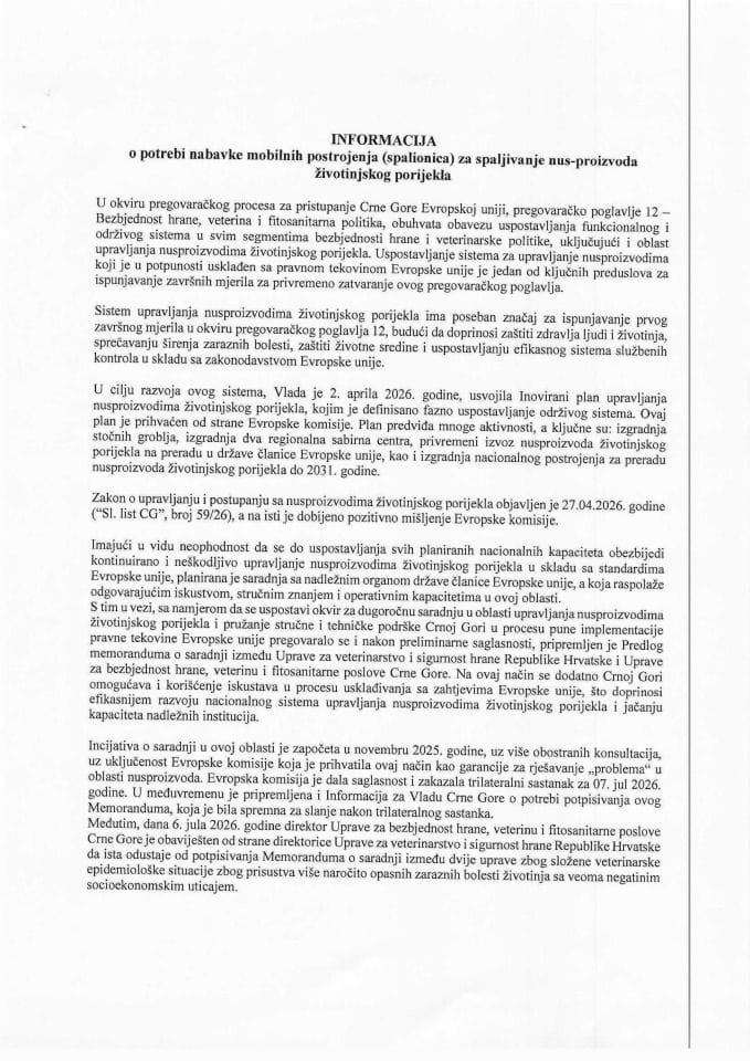 Informacija o potrebi nabavke mobilnih postrojenja (spalionica) za spaljivanje nus-proizvoda životinjskog porijekla