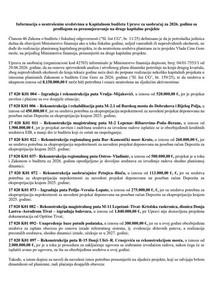 Informacija o neutrošenim sredstvima u Kapitalnom budžetu Uprave za saobraćaj za 2026. godinu sa predlogom za preusmjeravanje na druge kapitalne projekte