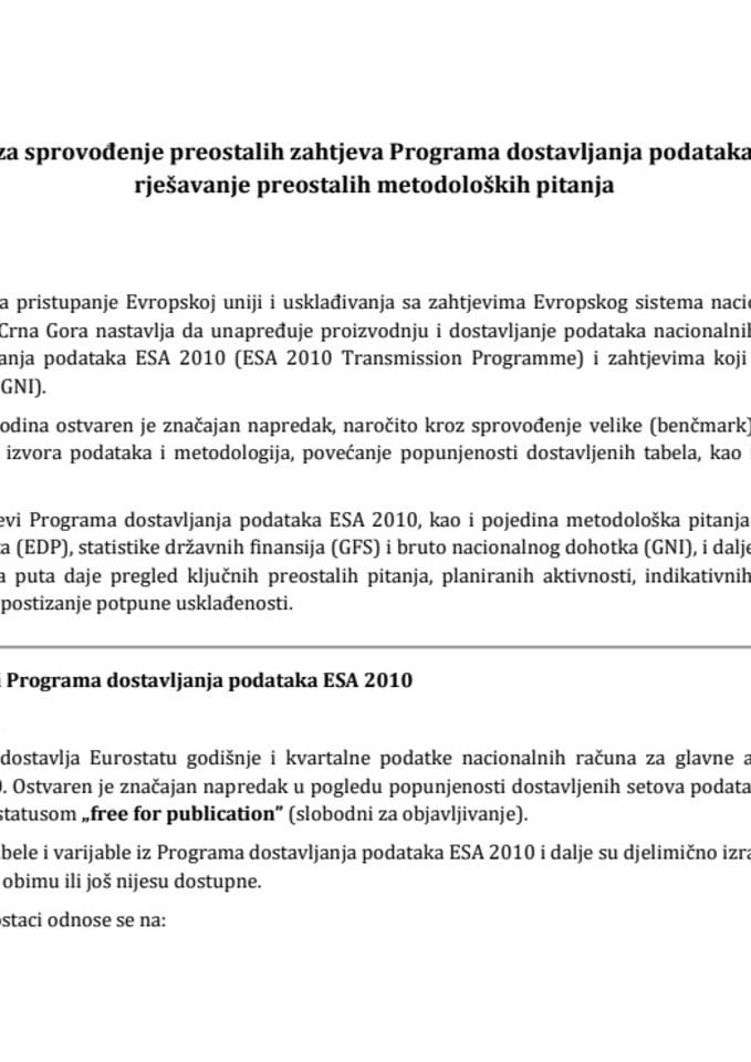 Predlog mape puta za sprovođenje preostalih zahtjeva Programa dostavljanja podataka ESA 2010 i rješavanje preostalih metodoloških pitanja