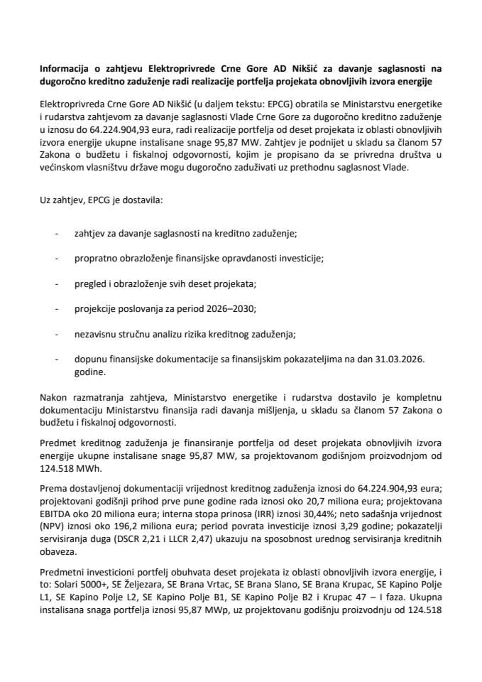 Informacija o zahtjevu Elektroprivrede Crne Gore AD Nikšić za davanje saglasnosti na dugoročno kreditno zaduženje radi realizacije portfelja projekata obnovljivih izvora energije