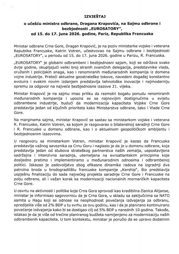 Izvještaj o učešću ministra odbrane, Dragana Krapovića, na Sajmu odbrane i bezbjednosti „EUROSATORY”, od 15. do 17. juna 2026. godine, Pariz, Republika Francuska