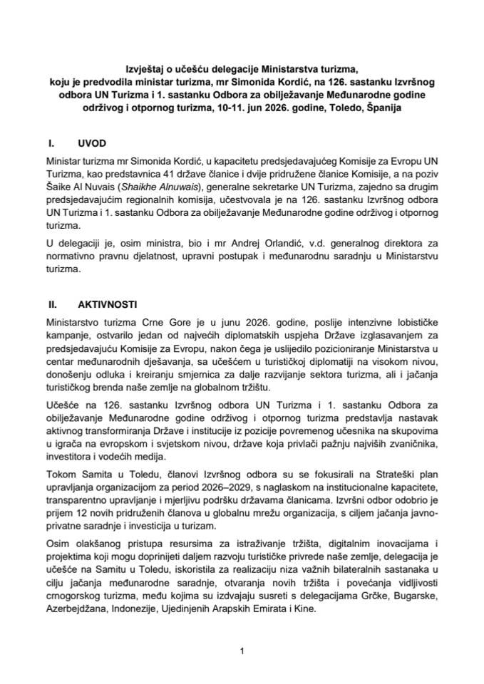 Izvještaj o učešću delegacije Ministarstva turizma, koju je predvodila ministar turizma, mr Simonida Kordić, na 126. sastanku Izvršnog odbora UN Turizma