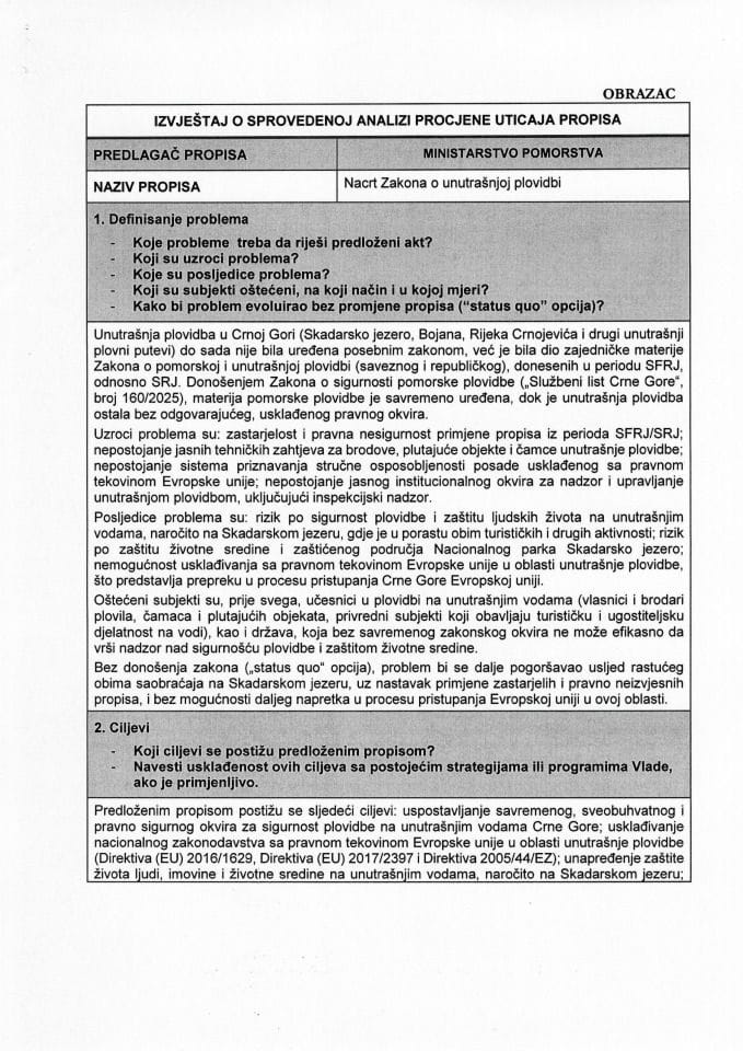 RIA - Nacrt zakona o unutrašnjoj plovidbi