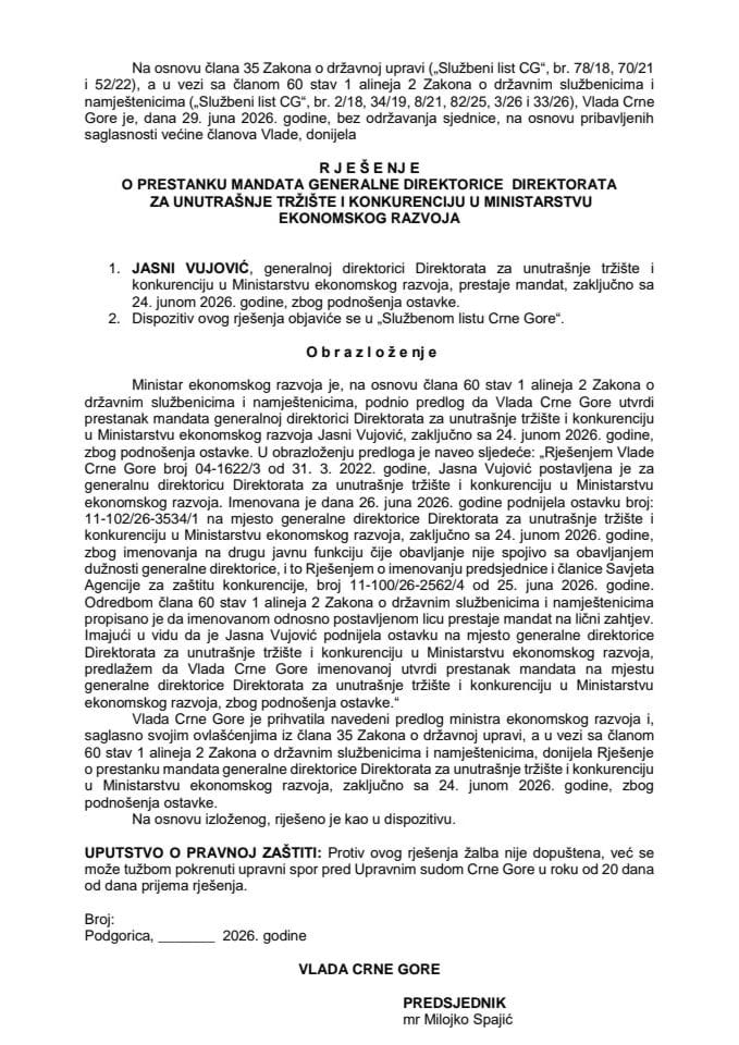 Predlog za prestanak mandata generalne direktorice Direktorata za unutrašnje tržište i konkurenciju u Ministarstvu ekonomskog razvoja