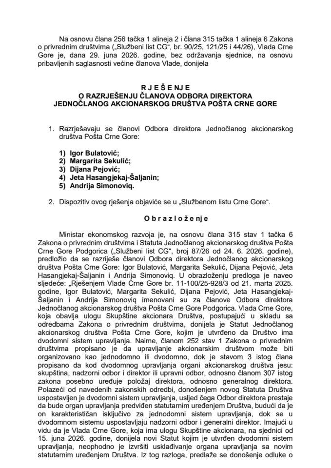 Predlog za razrješenje članova Odbora direktora Pošta Crne Gore AD Podgorica
