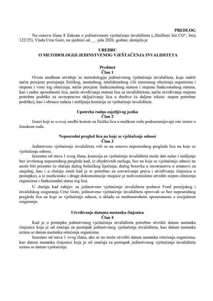 Predlog uredbe o metodologiji jedinstvenog vještačenja invaliditeta