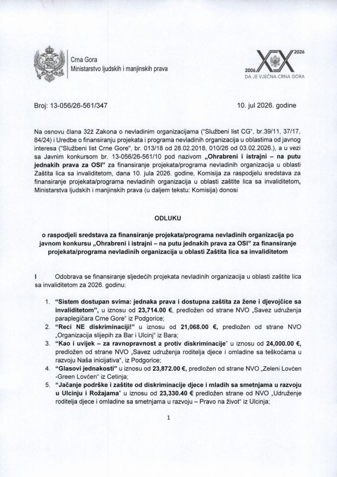 Odluka o raspodjeli sredstava za finansiranje projekata/programa nevladinih organizacija po javnom konkursu „Ohrabreni i istrajni – na putu jednakih prava za OSI” za finansiranje projekata/programa