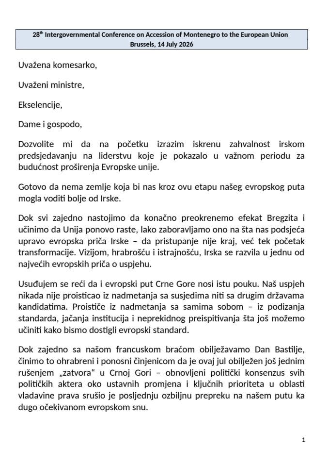 Obraćanje predsjednika Vlade Crne Gore Milojka Spajića na 28. Međuvladinoj konferenciji u Briselu