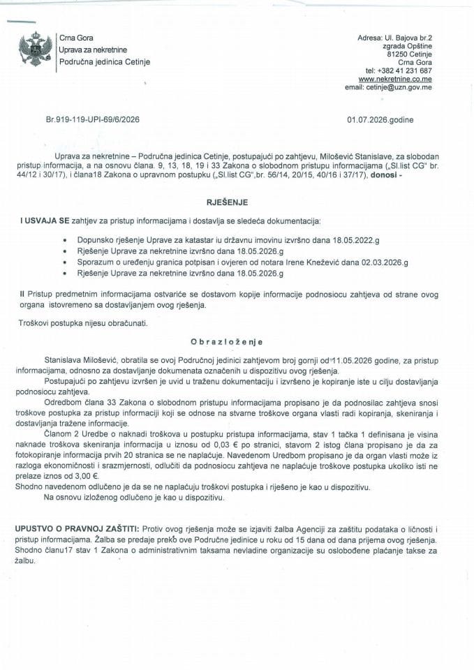 Rješenja o slobodnom pristupu informacijama -15.07.2026.