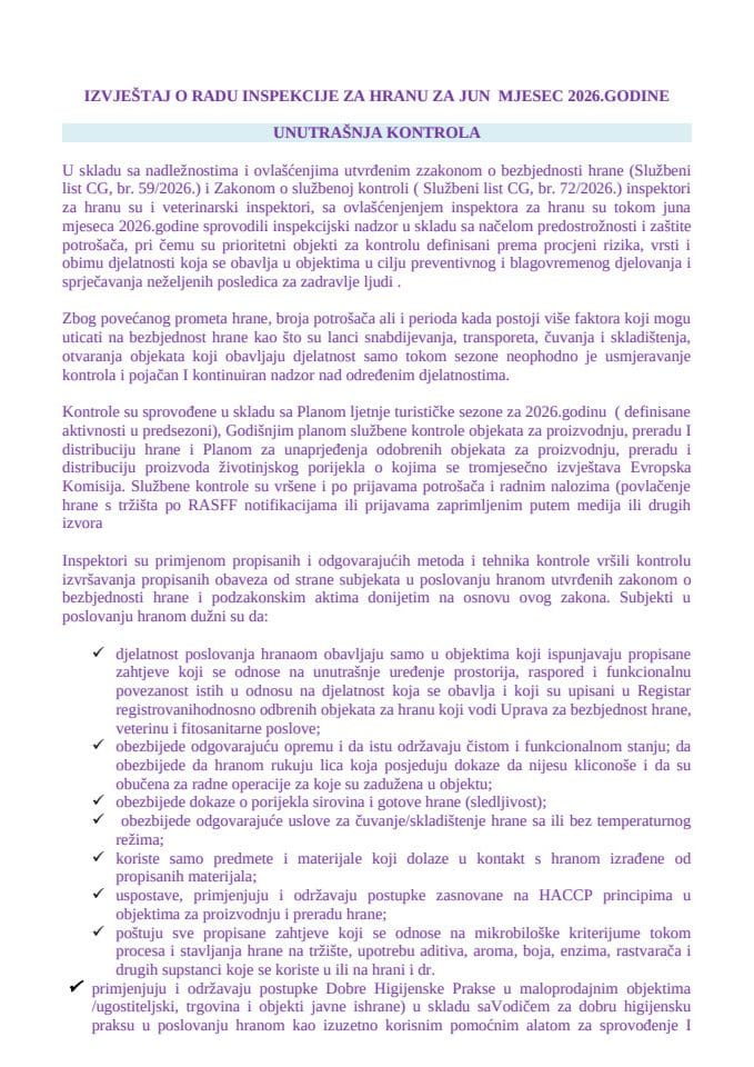 Izvještaj o radu inspekcije za hranu - jun 2026.
