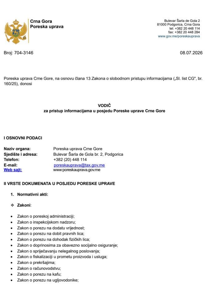 Vodič za pristup informacijama u posjedu Poreske uprave Crne Gore