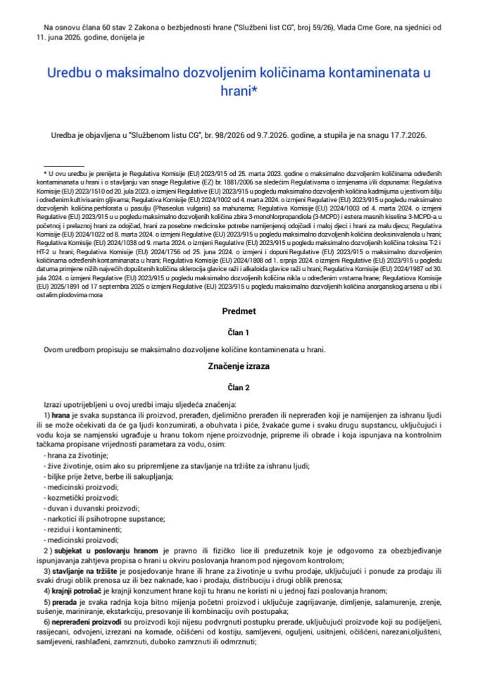 Uredba o maksimalno dozvoljenim količinama kontaminenata u hrani