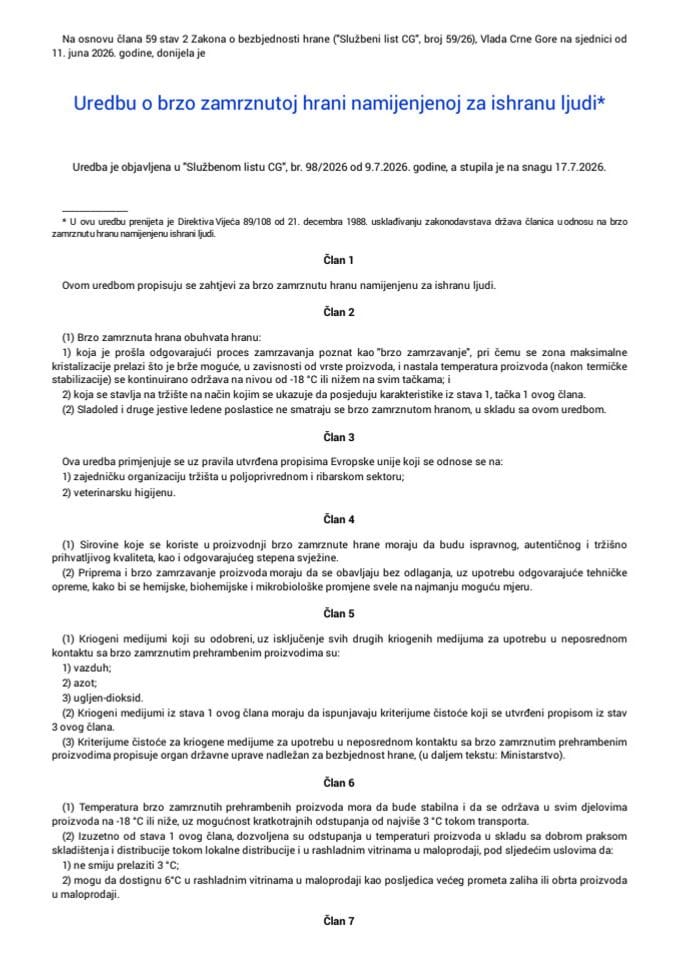 Uredba o brzo zamrznutoj hrani namijenjenoj za ishranu ljudi