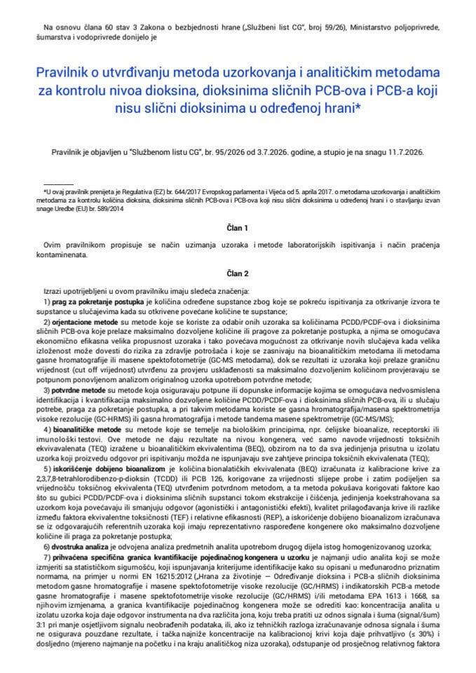 Pravilnik o metodama uzorkovanja i analitičkim metodama za kontrolu dioksina i PCB-ova u hrani
