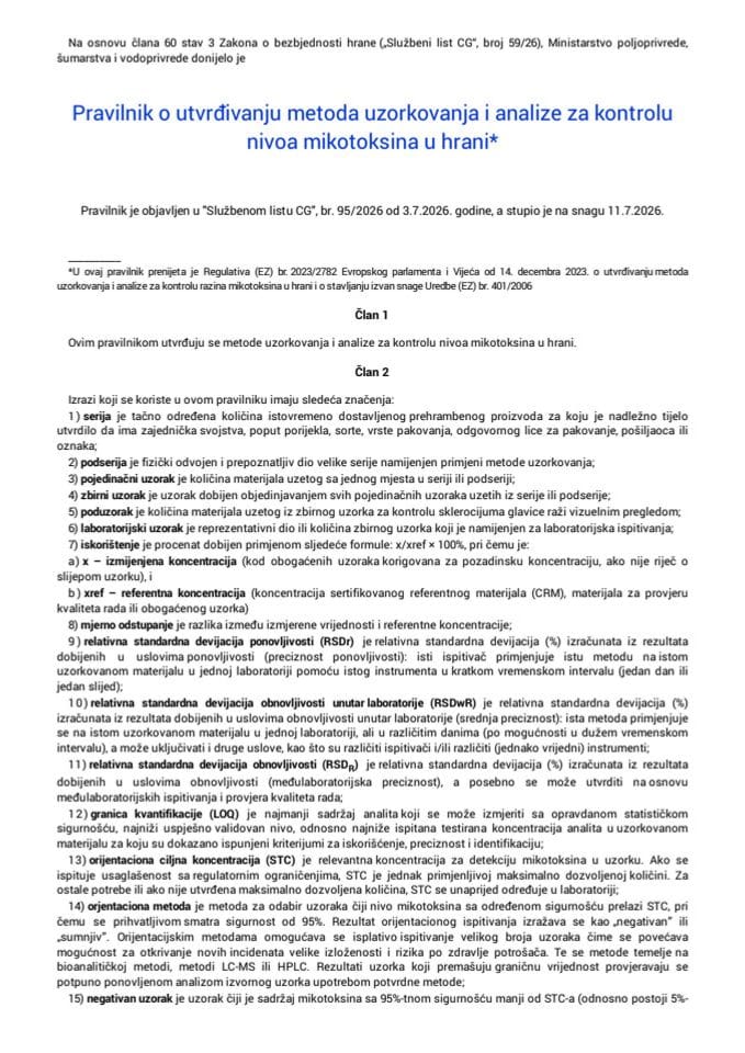 Pravilnik o utvrđivanju metoda uzorkovanja i analize za kontrolu nivoa mikotoksina u hrani