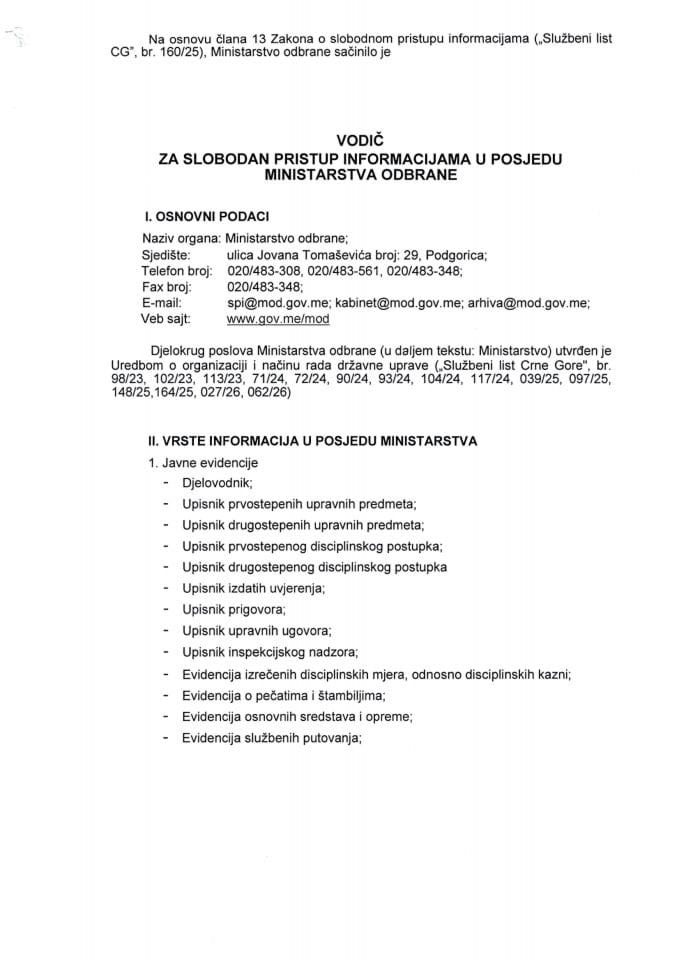 Vodič za slobodan pristup informacijama u posjedu Ministarstva odbrane