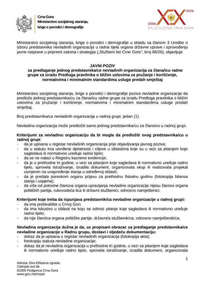 Javni poziv za predlaganje jednog predstavnika nevladinih organizacija - Pravilnik usluga predah smjestaj WORD