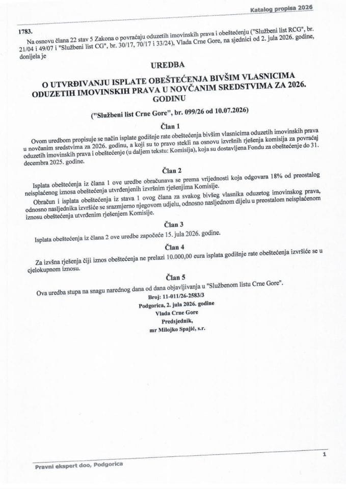 Uredba o utvrđivanju isplate obeštećenja bivšim vlasnicima za 2026.god.