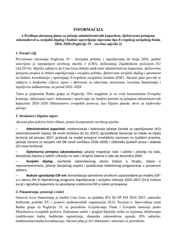 Informacija o Predlogu akcionog plana za jačanje administrativnih kapaciteta, djelotvornu primjenu zakonodavstva, socijalni dijalog i buduće upravljanje mjerama tipa Evropskog socijalnog fonda 2026–2028 (Poglavlje 19 – završno mjerilo 3)
