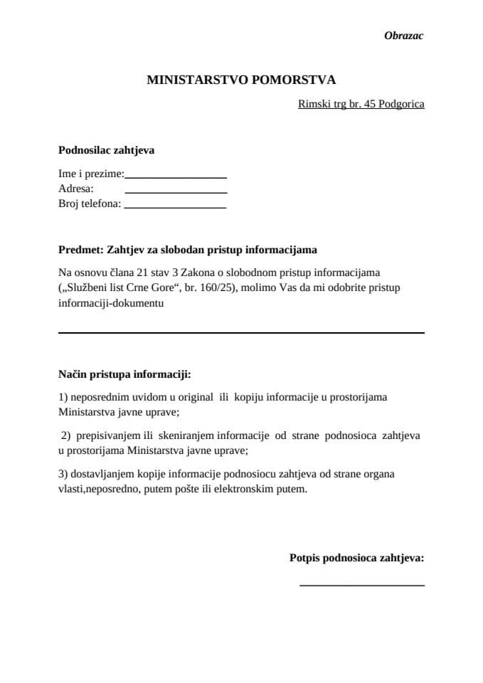 Obrazac za slobodan pristup informacijama