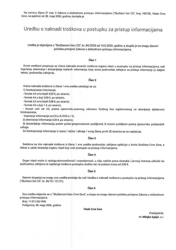 Uredba o naknadi troškova u postupku za pristup informacijama