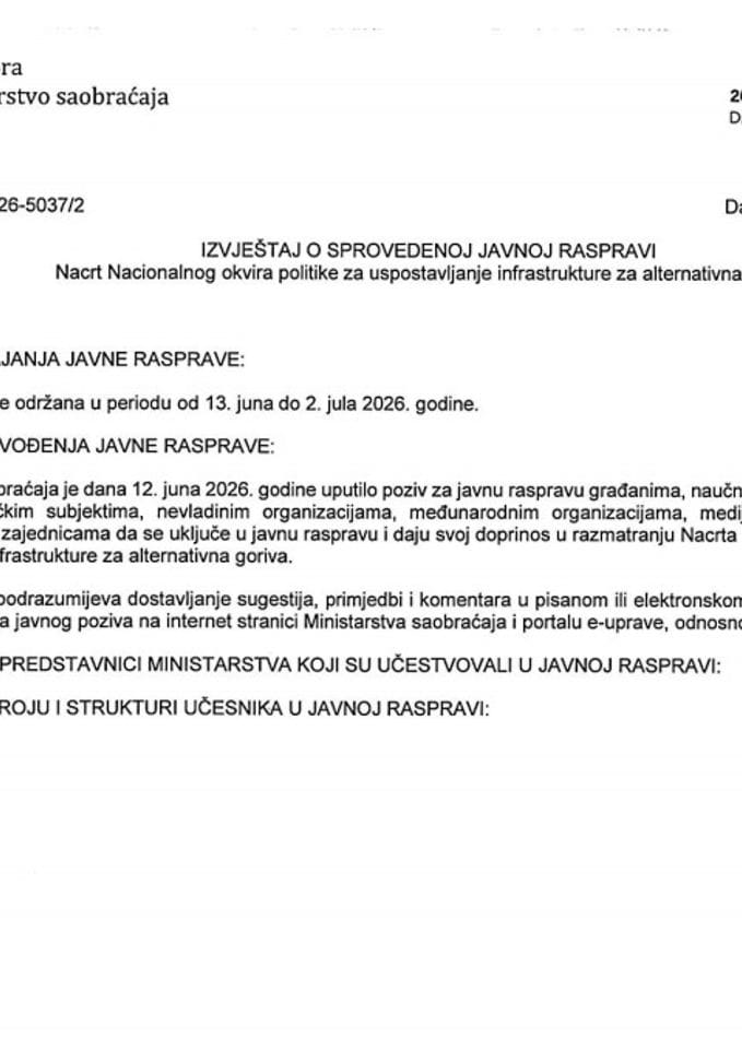 Izvještaj sa javne rasprave na Nacrt Nacionalnog okvira politike za uspostavljanje instrastrukture za alternativna goriva