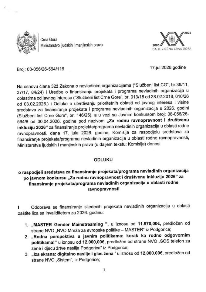 Odluka o raspodjeli sredstava za finansiranje projekata/programa NVO po javnom konkursu „Za rodnu ravnopravnost i društvenu inkluziju 2026”