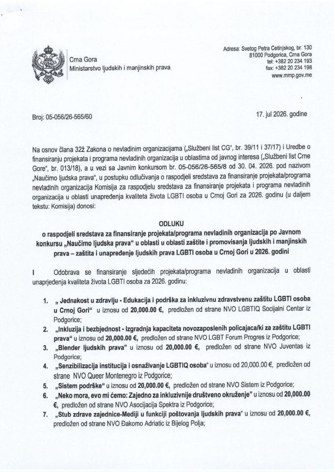 Одлука о расподјели средстава за финансирање пројеката/програма НВО по Јавном конкурсу „Научимо људска права“