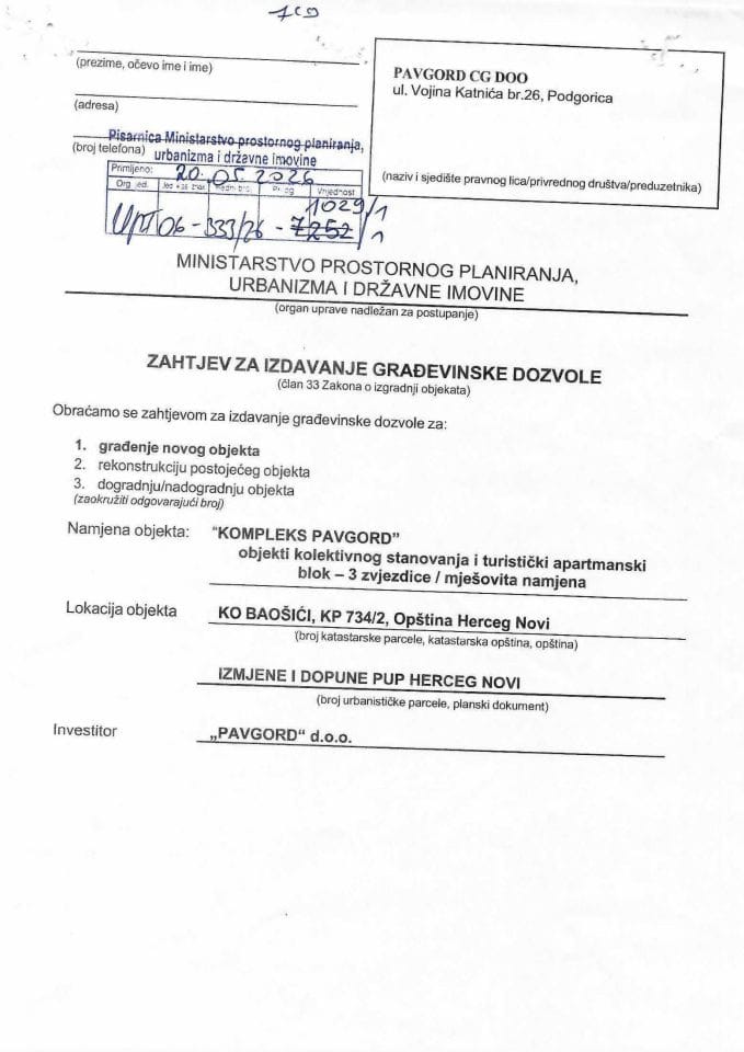 Zahtjevi za izdavanje građevinske dozvole - UPI 06_333_26_1029_1 PAVGORD CG DOO