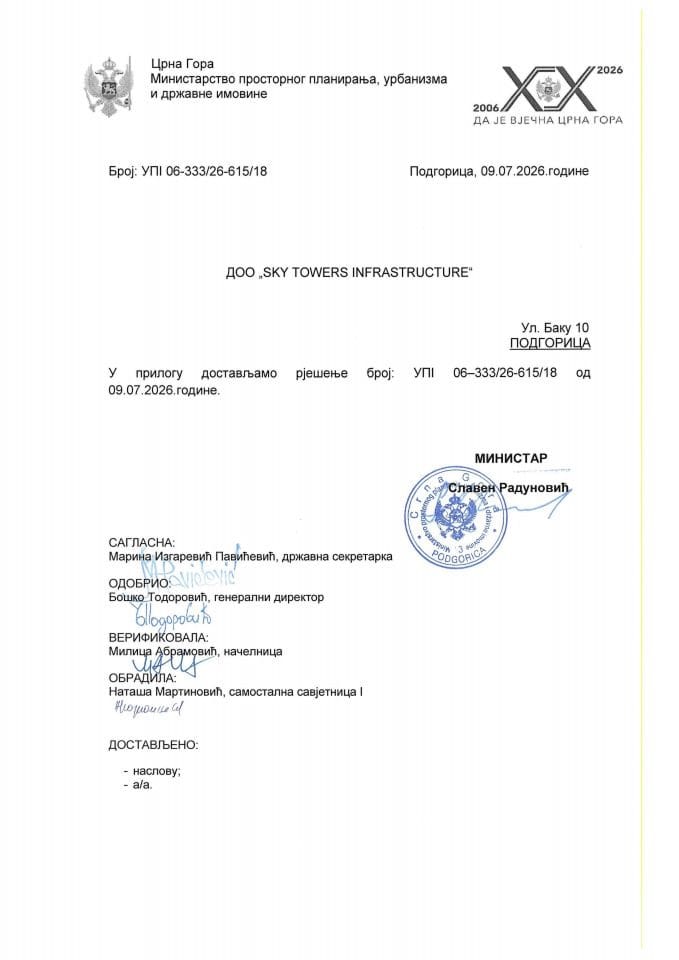Obustava postupka za izdavanje građevinske dozvole - UPI 06_333_26_615_18 DOO SKY TOVERS INFRASTRUCTURE