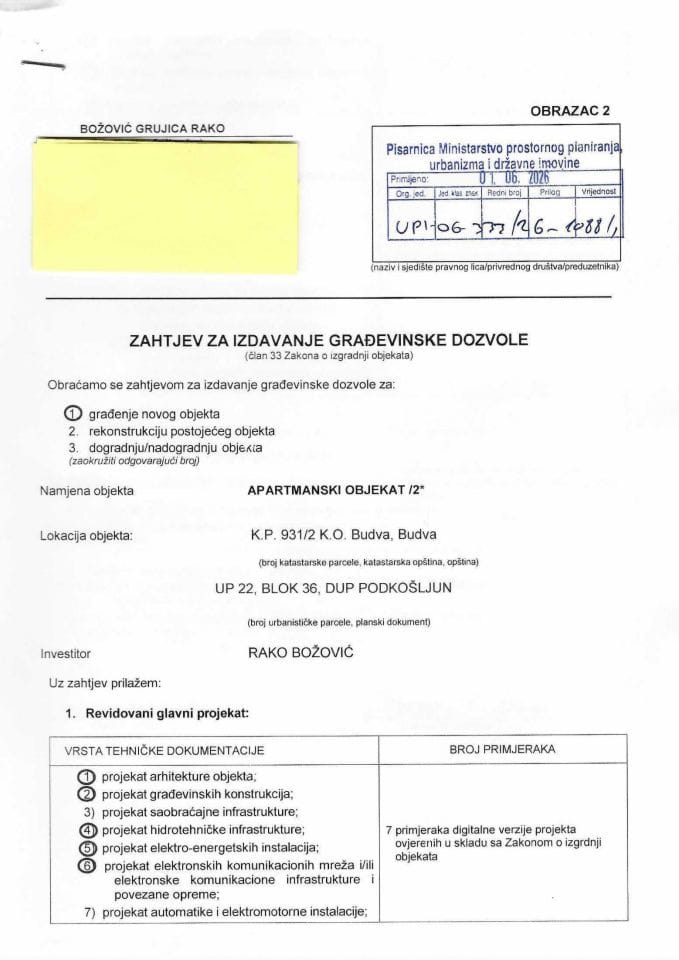 Zahtjevi za izdavanje građevinske dozvole - UPI 06_333_26_1088_1 BOŽOVIĆ RAKO
