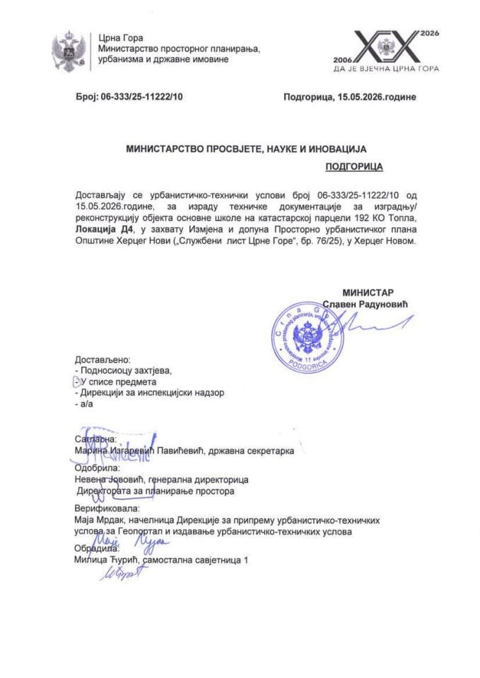 Izdati urbanističko-tehnički uslovi - 06-333-25-11222-10 MINISTARSTVO PROSVJETE, NAUKE I INOVACIJA