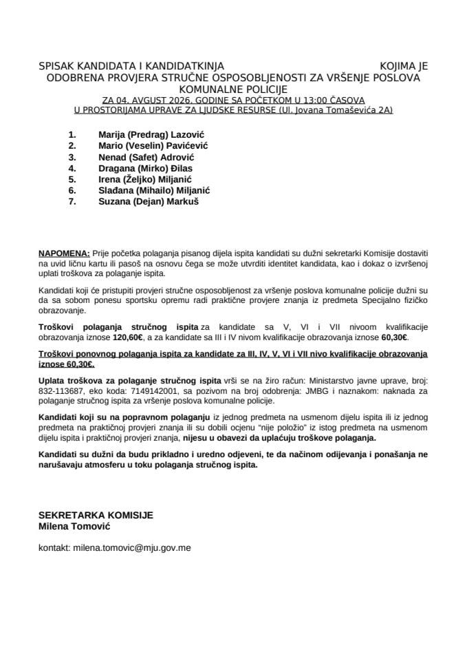Spisak kandidata- 4. avgust 2026.- komunalni policajci