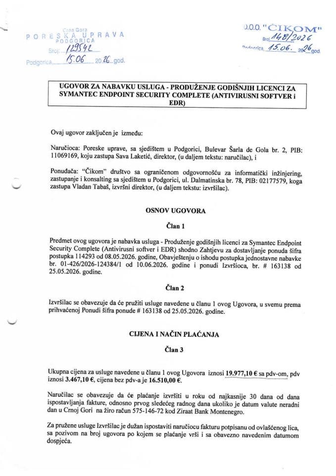 Ugovor o javnoj nabavci - Čikom