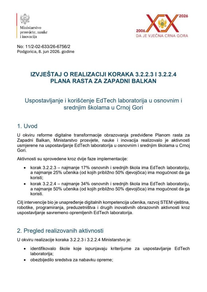 Извјештај о реализацији корака 3.2.2.3 и 3.2.2.4 Плана раста за Западни  Балкан