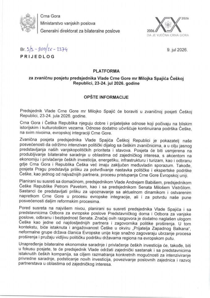 Predlog platforme za zvaničnu posjetu predsjednika Vlade Crne Gore mr Milojka Spajića Češkoj Republici, 23-24. jul 2026. godine