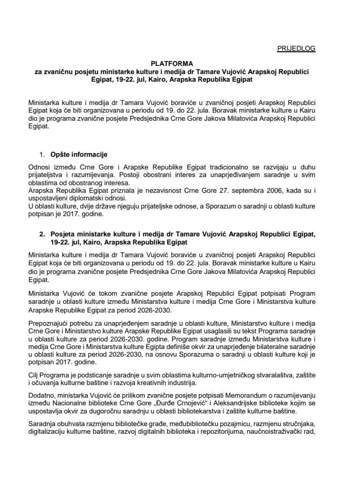 Predlog platforme za zvaničnu posjetu ministarke kulture i medija dr Tamare Vujović Arapskoj Republici Egipat, 19-22. jul 2026. godine, Kairo, Arapska Republika Egipat