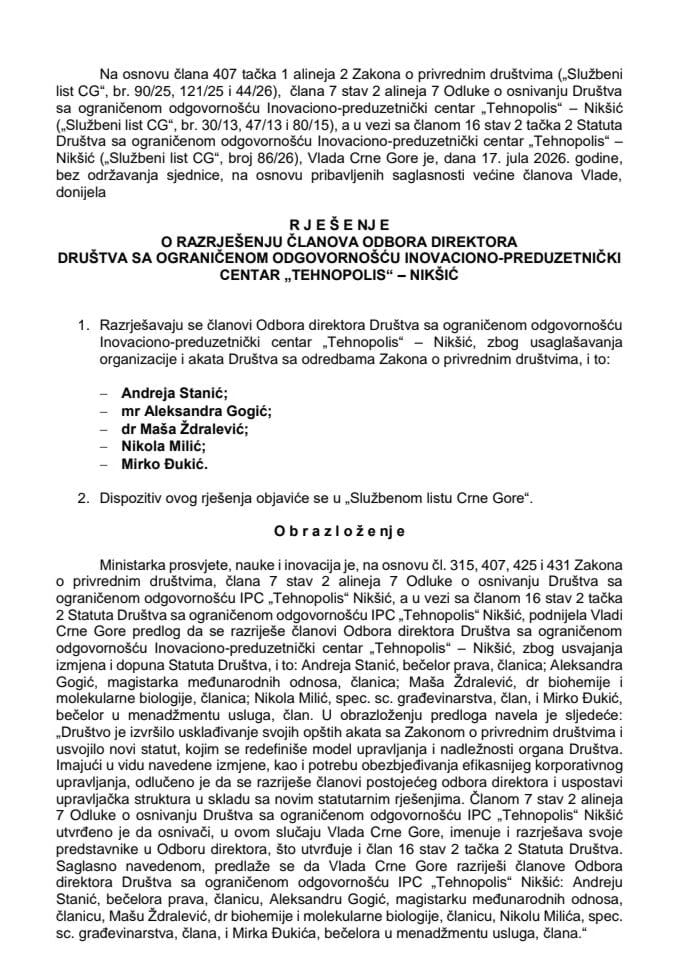 Predlog za razrješenje članova Odbora direktora Društva sa ograničenom odgovornošću Inovaciono-preduzetnički centar „Tehnopolis“ – Nikšić