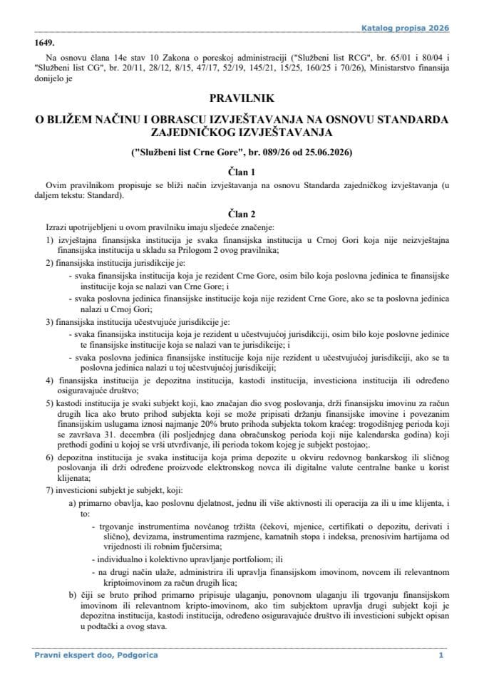 Pravilnik o bližem načinu i obrascu izvještavanja na osnovu Standarda zajedničkog izvještavanja