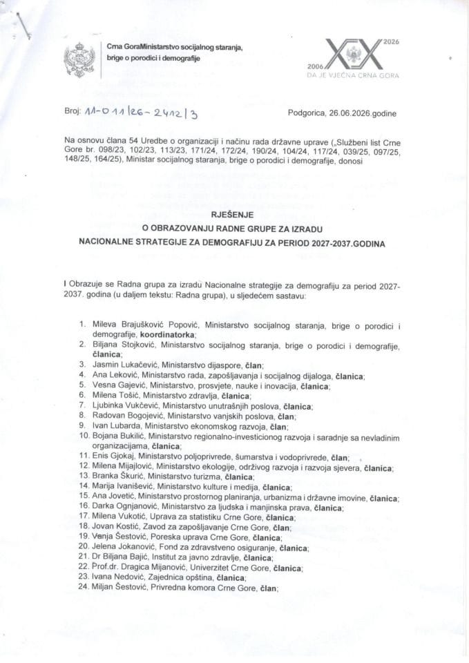 Rješenje o obrazovanju Radne grupe za izradu Nacionalne strategije za demografiju 2027-2037