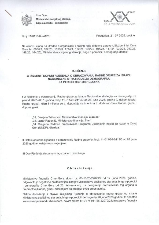 Rješenje o izmjeni i dopuni Rješenja o obrazovanju Radne grupe za izradu Nacionalne strategije za demografiju 2027-2037
