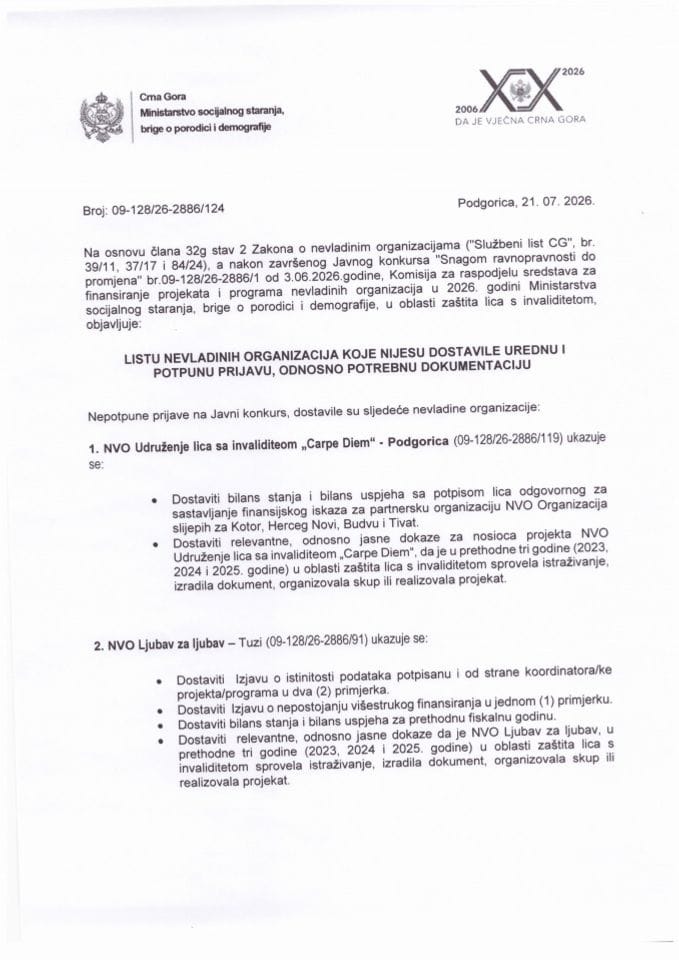 Lista - Oblast zaštita lica sa invaliditetom u 2026.