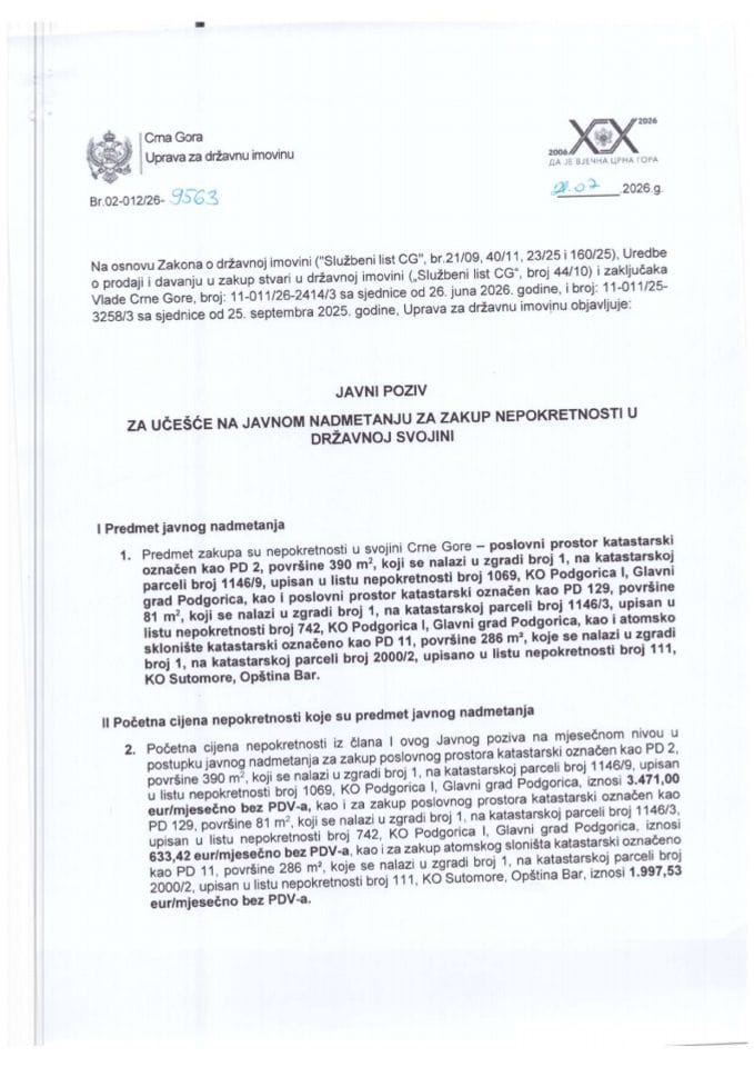 Javni poziv za ucesce na javnom nadmetanju za zakup nepokretnosti u drzavnoj svojini