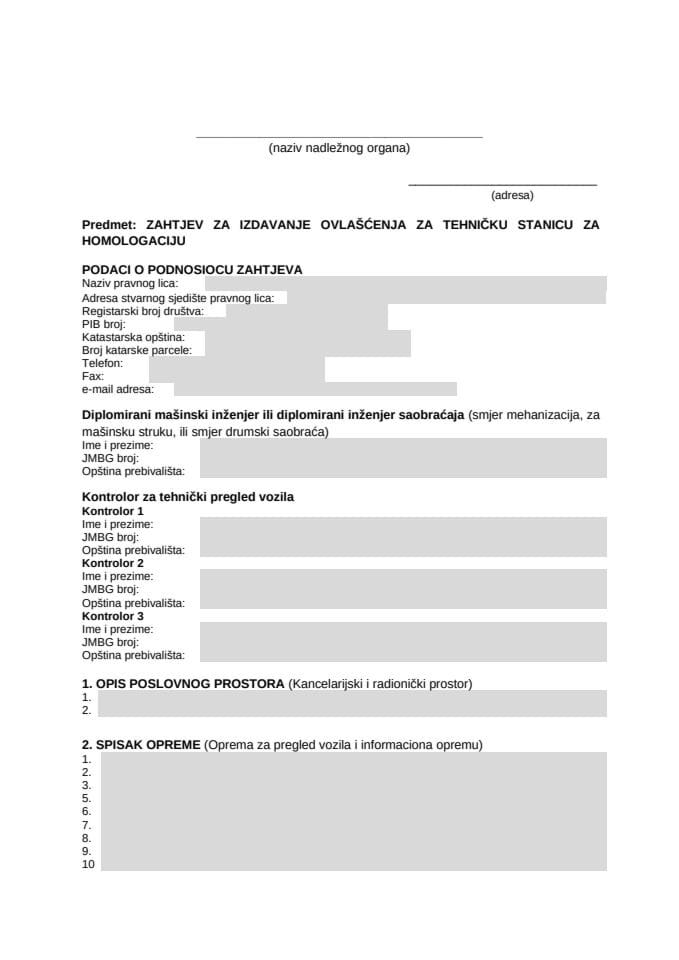 Zahtjev za izdavanje ovlašćenja za tehničku stanicu za homologaciju